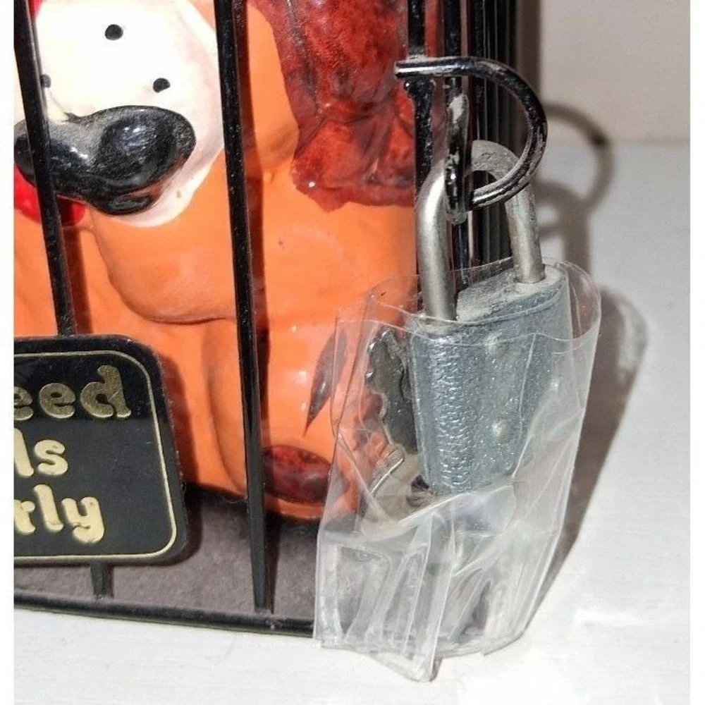 Vintage Taiwan Ceramic Lion Coin Bank in Locked Cage 